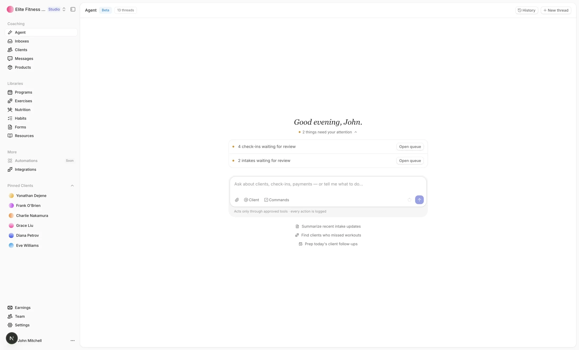 Straton AI Operator showing check-ins awaiting review and prompts for client follow-up work