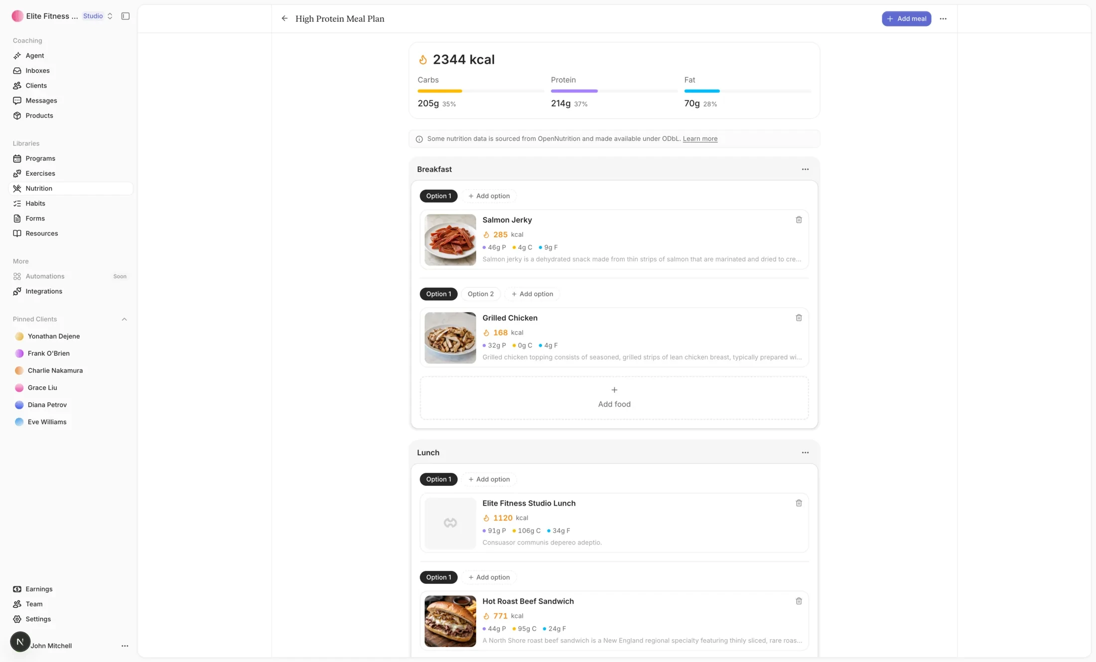 Straton meal plan editor with per-meal options and a full macro breakdown