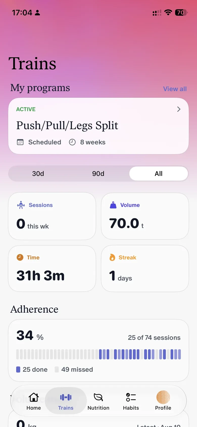 Straton client app showing an active training program with sessions, volume, and adherence