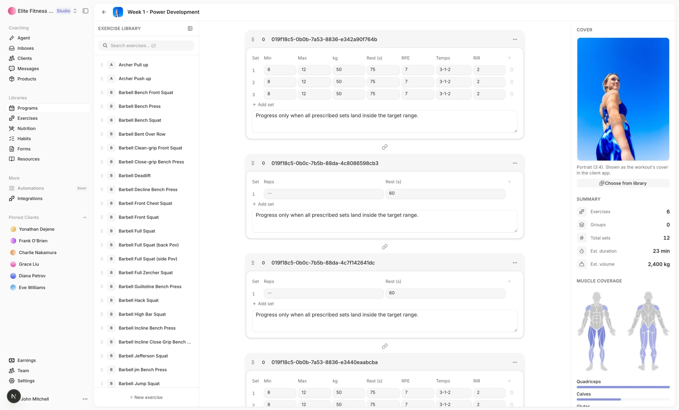 Straton workout builder with per-set prescriptions and a muscle coverage summary