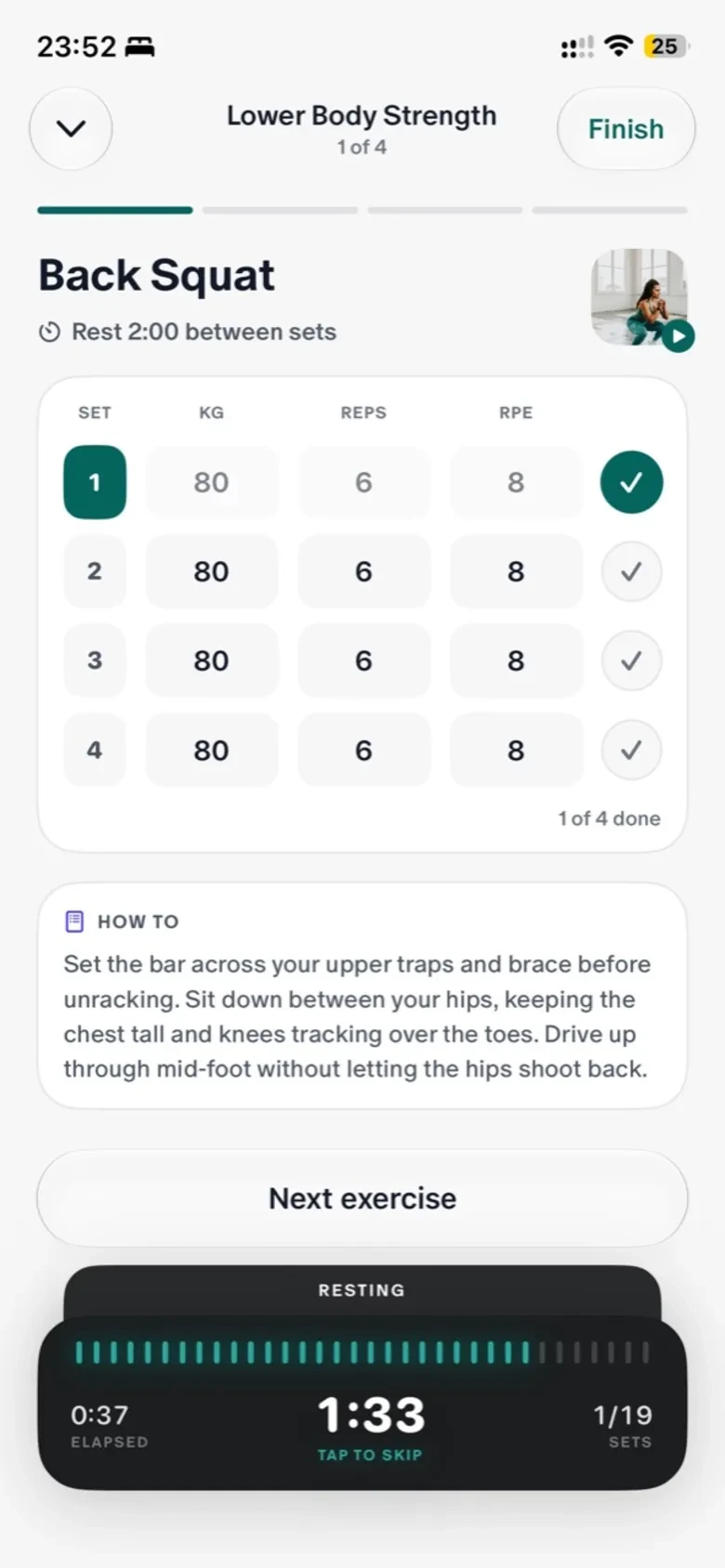 Straton client app logging a back squat set by set with a rest timer running